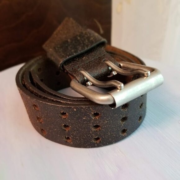 Aeropostale Distressed Genuine Leather Dark Brown Belt, Double Prong Buckle - Picture 3 of 10